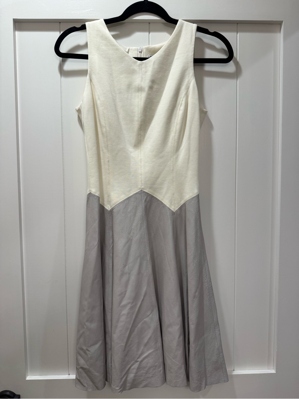 Classic Two-Tone Cream and Gray faux leather Fit-and-Flare Dress